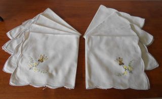 Set Of 8 X Vintage Machine Embroidered Napkins Ecru Cotton Butterfly & Flower