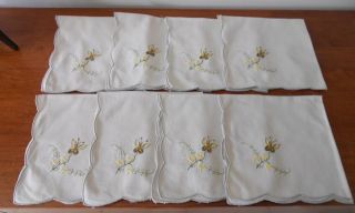 Set of 8 x Vintage Machine Embroidered Napkins Ecru Cotton Butterfly & Flower 4
