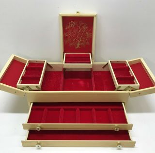 Vintage Jewelry Box Cream Leatherette Gold Details Red Interior Mid Century