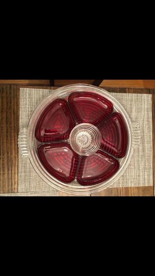 Vintage Manhattan Pattern Platter With Ruby Red Inserts And Center Bowl.