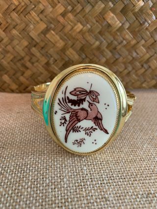 Vintage Whiting And Davis Bracelet Hinged Safety Chain Bird Cameo Gold Tone Euc