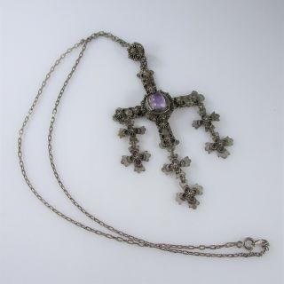 Taxco Mexico Amethyst Cross Pendant Necklace Vintage Sterling Silver 22g | 22 "
