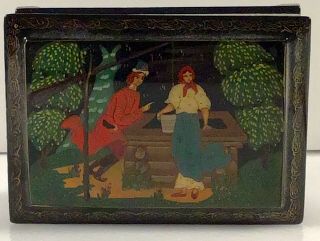 Vintage Hand Painted Russian Lacquered Box,  Lady At Well