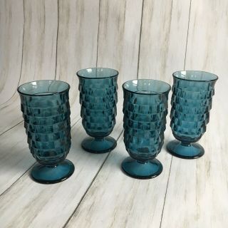 Set Of 4 Vintage 1970s Indiana Whitehall Colony Rivera Blue Footed Juice Glasses