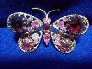 Vintage Trembler Butterfly Brooch W/ Deep Red Rhinestones Immaculate