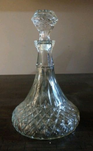 Vintage Diamond Cut Glass Wine Liquor Decanter Fitted Stopper 11 " Tall Heavy Cut