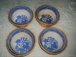 Vtg.  Blue Willow Soup Or Rice Bowls W/baskets,  Set Of 4,  Japan