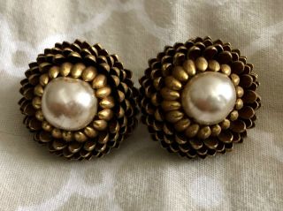 Vintage Miriam Haskell Large Faux Pearl Clip - On Earrings