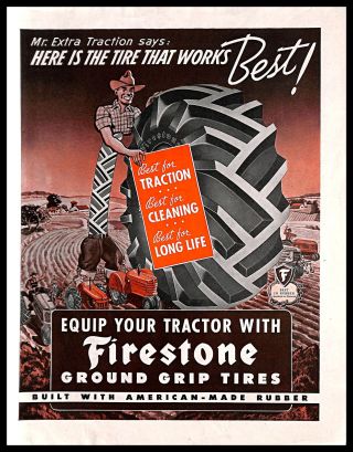 1943 Firestone Ground Grip Tires Vintage Print Ad Tractor Farm Illustration Art