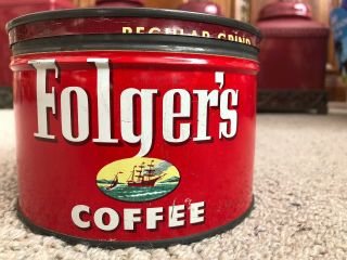 Folgers 1952 Coffee Can Vintage 1 Lb.  Tin Small Ship 2