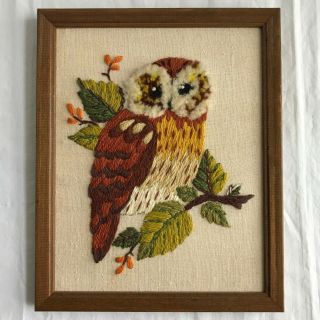 Vintage Owl Crewel Embroidery Stitchery Finished & Framed :: Wall Art