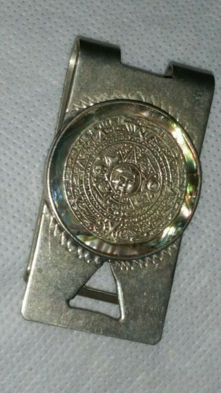 Vintage Money Clip Mexican Alpaca Silver W/ Abalone Shell Mayan Calendar