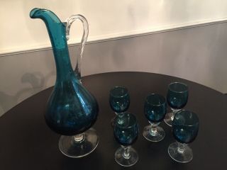 Vintage Turquoise Blue Hand Blown Italian Art Glass 1 Pitcher And 5 Glasses