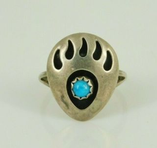 Vintage Southwestern Sterling Silver Turquoise Bear Paw Ring Size 4.  25