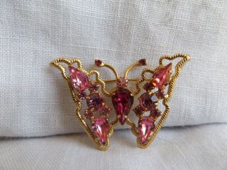 Vintage Weiss Butterfly Brooch Pin Pink & Red Rhinestones Signed