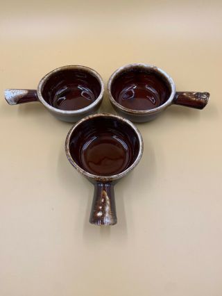 3 Mccoy Brown Drip Glaze Handled Soup Bowls 7050 Mid Century Vintage Pottery