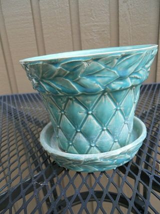 Vintage Mccoy Art Pottery Flowerpot Planter W/saucer Green Leaf Leaves Usa