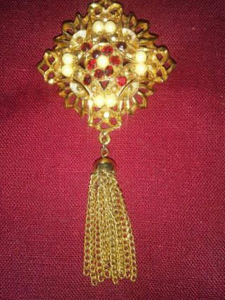 Vintage Red Rhinestones Faux Pearls Ornate Gold Tone Dangle Chains Brooch Pin