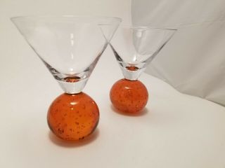 Vintage Art Deco E Cointreau Hand Blown Orange Bubble Martini Glasses,  Set Of 2