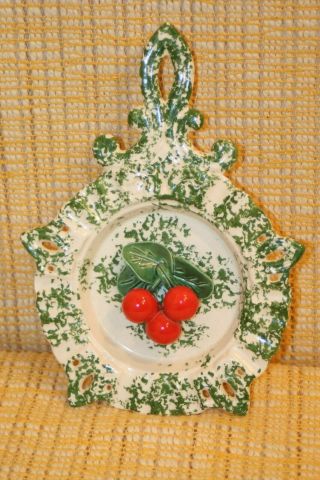 Vintage Ceramic Wall Pocket Vase - Green Spongeware Trivet W/ Applied Cherries