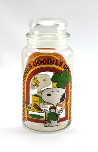 Vintage Peanuts Snoopy Woodstock Cooking Kitchen Goodie Glass Snack Canister Jar