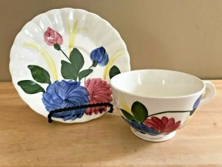 Vintage Southern Pottery Blue Ridge Cup & Saucer Chrysanthemum Colonial Red Blue 2