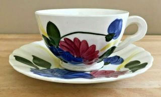 Vintage Southern Pottery Blue Ridge Cup & Saucer Chrysanthemum Colonial Red Blue 3