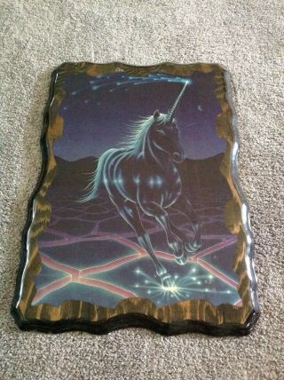Unicorn In Space Vintage 1970s/80s Lacquered Wood Wall Plaque 15x22 Cosmic