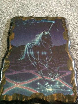 Unicorn in Space Vintage 1970s/80s Lacquered Wood Wall Plaque 15x22 Cosmic 2