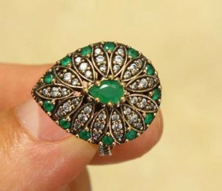 Vintage Art Deco Green Emerald,  White Sapphire Ring Sz.  7.  25 Sterling Silver 925