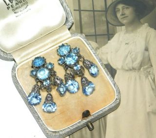 Rare,  Vintage Art Deco Czech Aqua Blue Paste Glass Drop Clip On Earrings 1930 