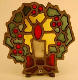 Vintage Cast Iron Stained Glass Tea Light Candler Holder - Christmas Decoration
