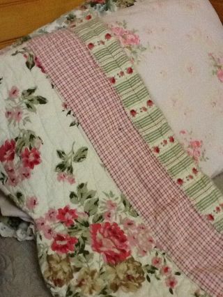 Two 15 " Handmade Shabby Chic Quilted Valances Rose Ecru Green Rod Pocket