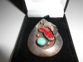 Large Vintage Sterling Silver Turquoise And Coral Navajo Pendant - 2 " X 1 1/2 "