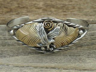 Vtg Navajo S.  Ray Gold Sterling Silver American Eagle Cuff Bracelet