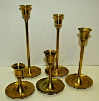 Vintage Made In India Solid Brass Graduated Candle Sticks Holders Set Of 5 Decor