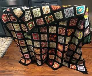 Black Granny Squares Homemade Blanket Afghan Throw 73”x58” Crochet Knit Vintage