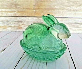 Vintage Green Glass Bunny Rabbit Trinket Box Candy Dish COND 4 inches 4