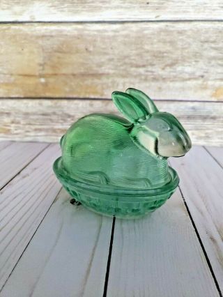 Vintage Green Glass Bunny Rabbit Trinket Box Candy Dish COND 4 inches 5