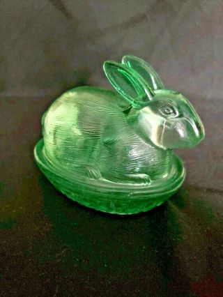 Vintage Green Glass Bunny Rabbit Trinket Box Candy Dish COND 4 inches 6