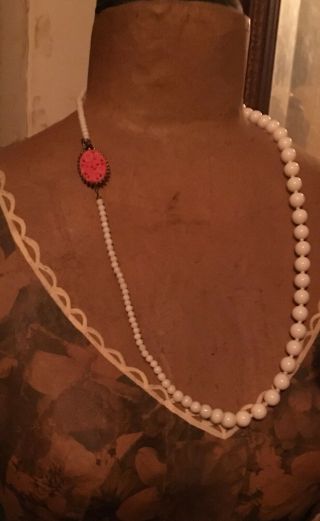 Rare Joseph Mazer Vintage White Bead Necklace With Carved “coral” Clasp,  24”