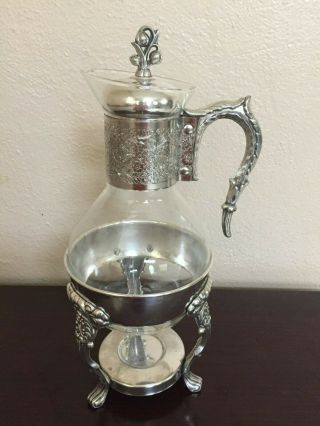 Vintage Art Nouveau Style Silver - Plate Coring Ware Glass Coffee Carafe / Stand