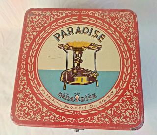 Vintage Old Paradise Brand Folding Stove Adv Ehs Litho Square Tin Box / Tin Can