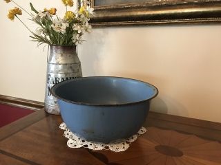 Vintage Enamel Ware Blue Mixing Bowl 12 " Granite Black Rim Enamelware