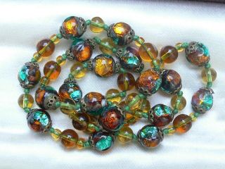 Vintage Antique Art Deco Bohemian Gold Green Fire Foil Glass Beads Gilt Necklace