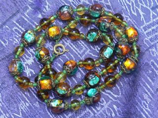 Vintage Antique Art Deco Bohemian Gold Green Fire Foil Glass Beads Gilt Necklace 2