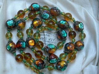 Vintage Antique Art Deco Bohemian Gold Green Fire Foil Glass Beads Gilt Necklace 3
