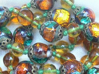 Vintage Antique Art Deco Bohemian Gold Green Fire Foil Glass Beads Gilt Necklace 4