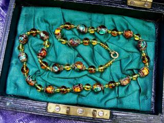 Vintage Antique Art Deco Bohemian Gold Green Fire Foil Glass Beads Gilt Necklace 5