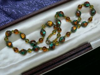 Vintage Antique Art Deco Bohemian Gold Green Fire Foil Glass Beads Gilt Necklace 6